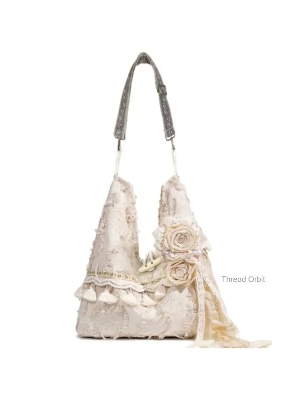 Boho Hobo Handbag Crossbody with Fringe, Removable Flowers, Adjustable Guitar